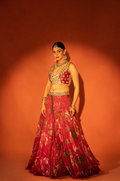 Red floral lehenga with mirror-work blouse and placement dupatta