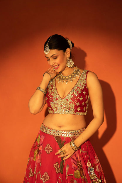Red floral lehenga with mirror-work blouse and placement dupatta