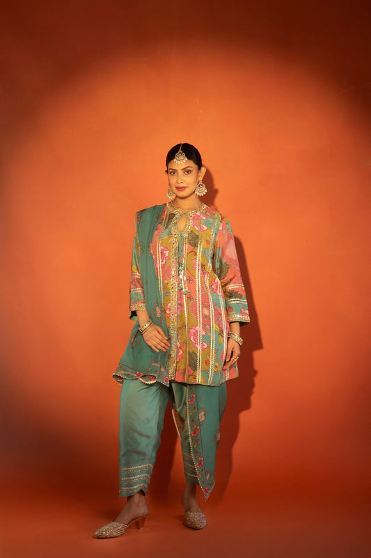 Multi-Color Floral Printed Embroidered Angrakha Paired with Solid Pants & Dupatta