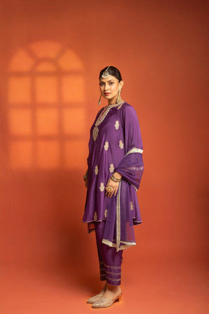 Purple Short Flared Kurta with Embroidery, Paired with Salwar Pants & Dupatta