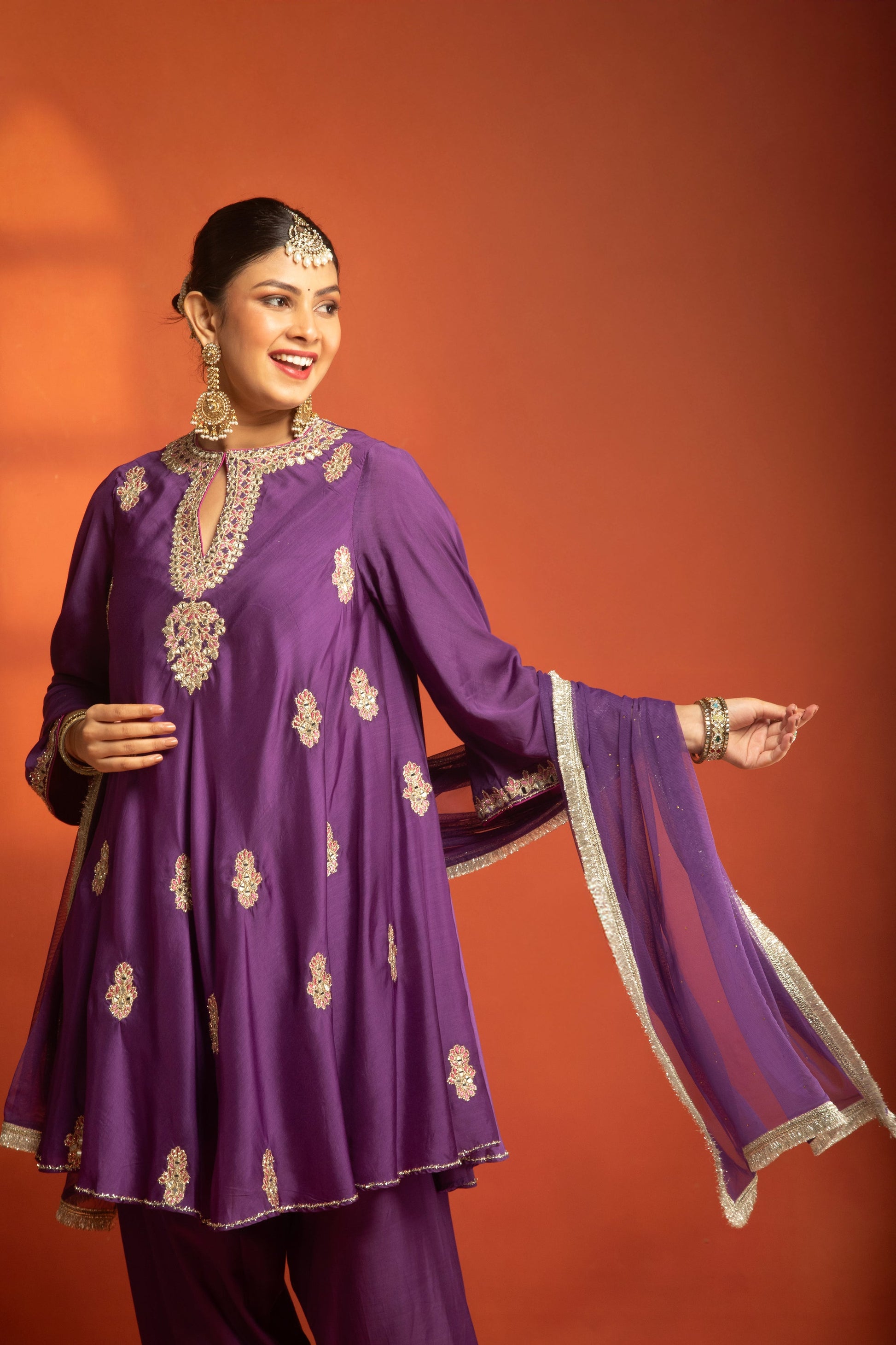 Purple Short Flared Kurta with Embroidery, Paired with Salwar Pants & Dupatta