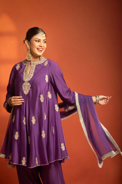 Purple Short Flared Kurta with Embroidery, Paired with Salwar Pants & Dupatta