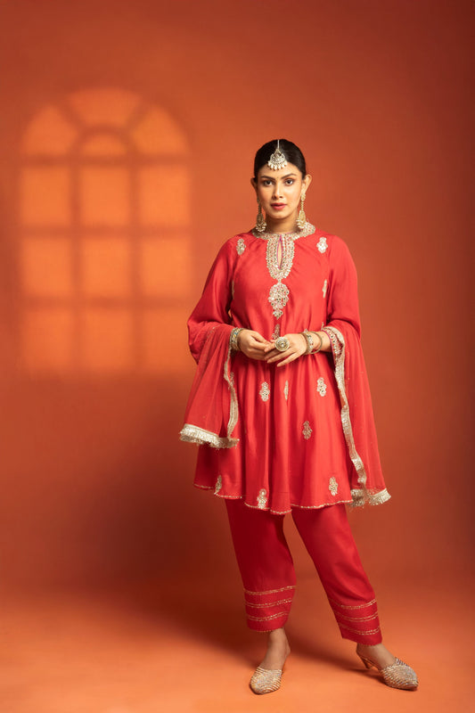 Red Short Flared Kurta with Embroidery, Paired with Salwar Pants & Dupatta