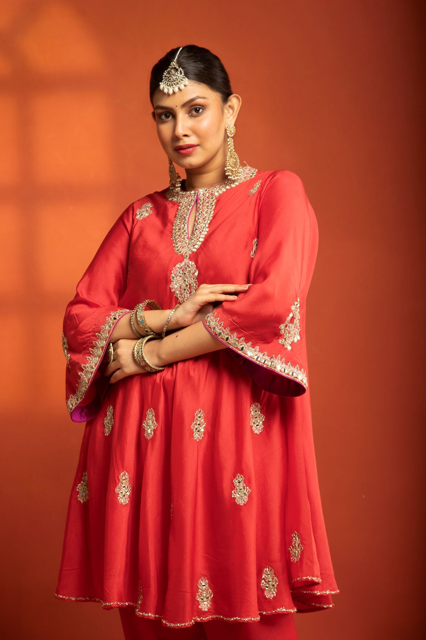 Red Short Flared Kurta with Embroidery, Paired with Salwar Pants & Dupatta