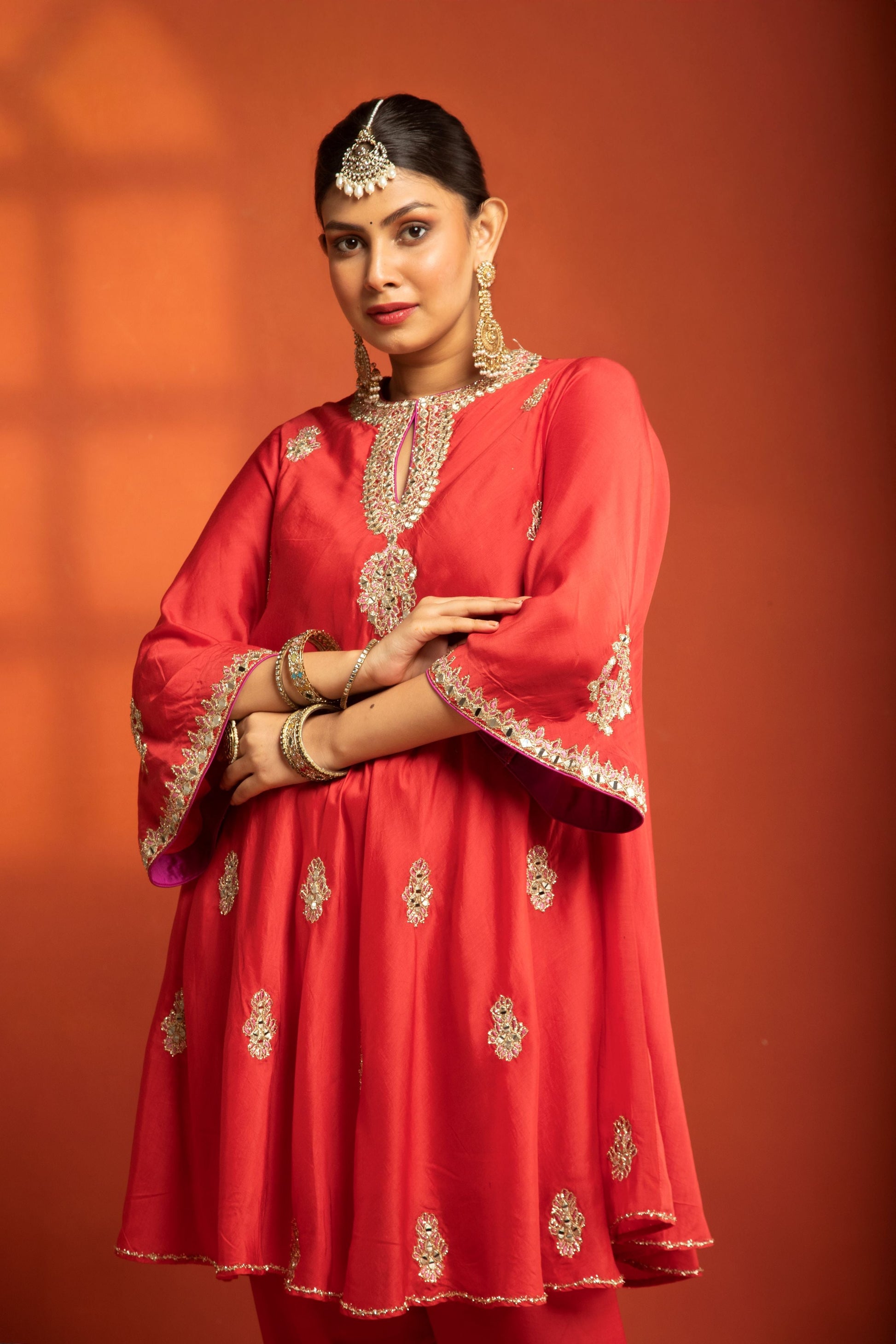 Red Short Flared Kurta with Embroidery, Paired with Salwar Pants & Dupatta