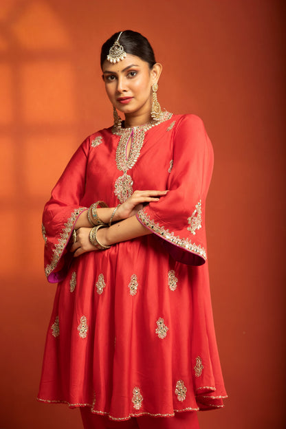 Red Short Flared Kurta with Embroidery, Paired with Salwar Pants & Dupatta