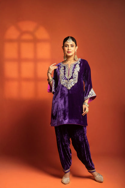 Purple Embroidered Short Kurta with Dhoti Salwar & Printed Dupatta