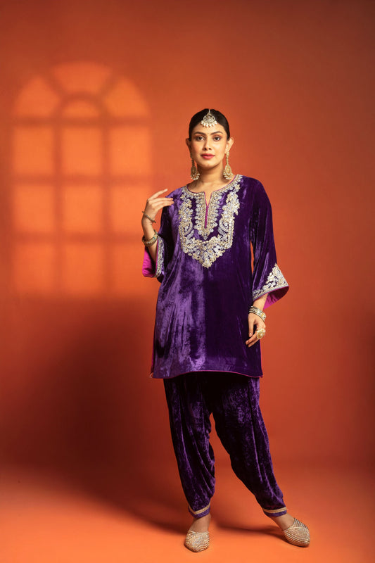Purple Embroidered Short Kurta with Dhoti Salwar & Printed Dupatta