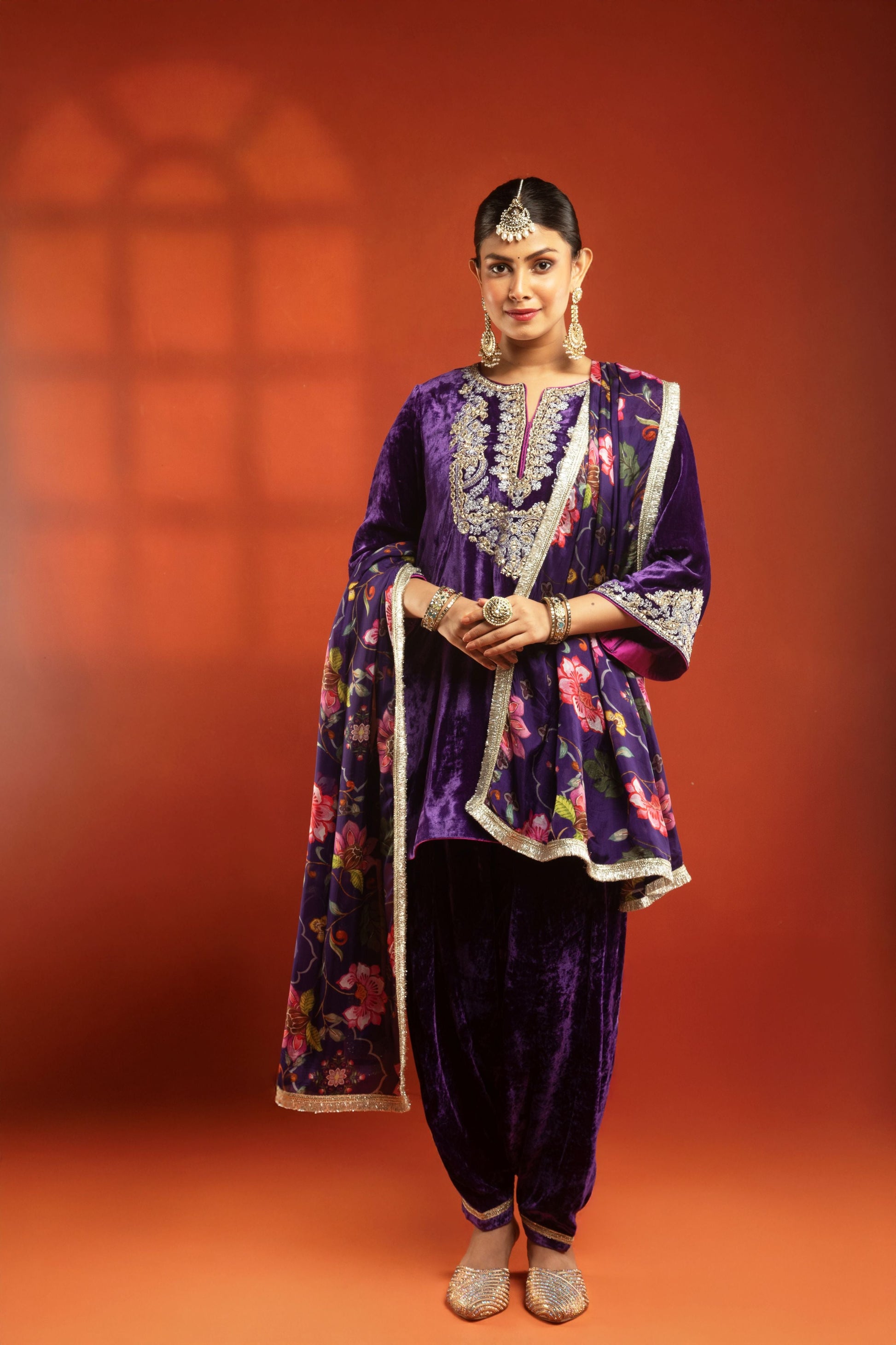 Purple Embroidered Short Kurta with Dhoti Salwar & Printed Dupatta