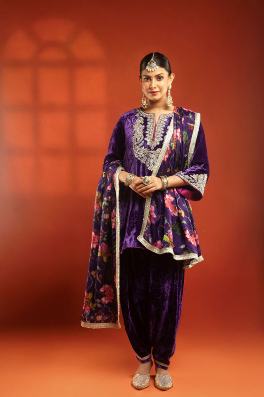 Purple Embroidered Short Kurta with Dhoti Salwar & Printed Dupatta