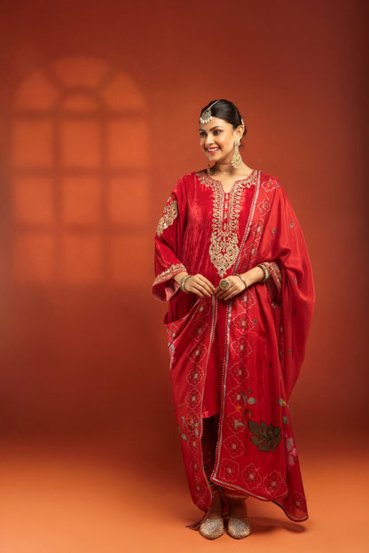 Red Silk Velvet Embroidered Kurta with Printed Salwar Pants & Dupatta