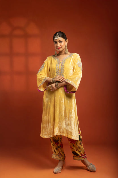 Yellow Silk Velvet Embroidered Kurta with Printed Salwar Pants & Dupatta