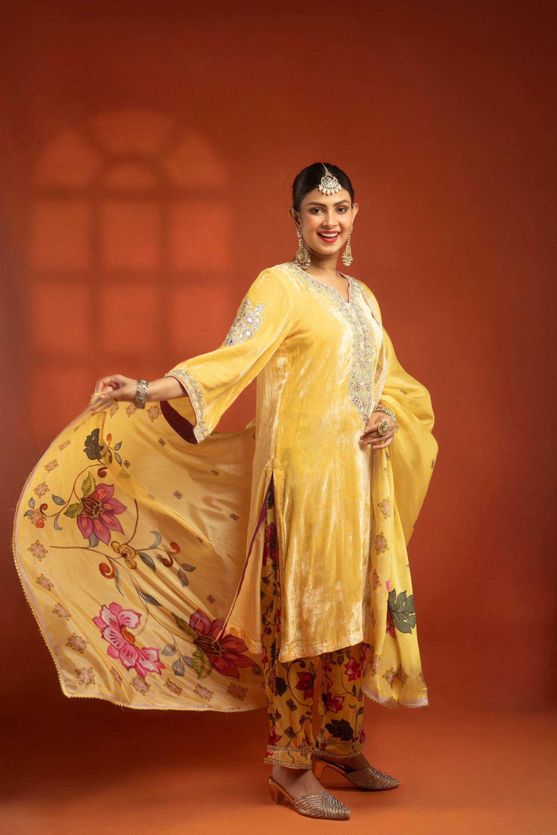 Yellow Silk Velvet Embroidered Kurta with Printed Salwar Pants & Dupatta