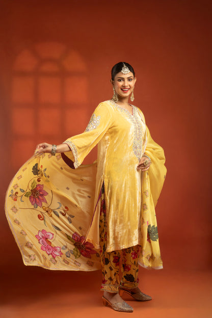 Yellow Silk Velvet Embroidered Kurta with Printed Salwar Pants & Dupatta