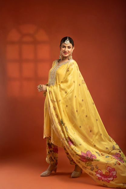 Yellow Silk Velvet Embroidered Kurta with Printed Salwar Pants & Dupatta