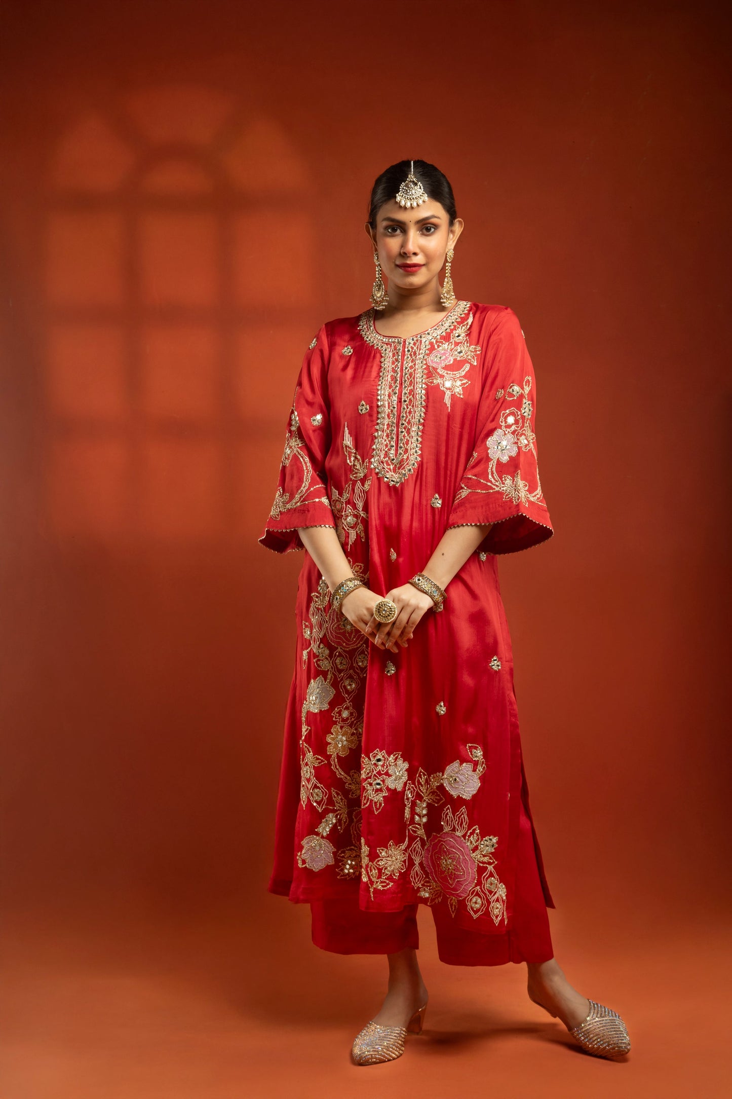 Red Embroidered Kurta with Pants & Net Dupatta