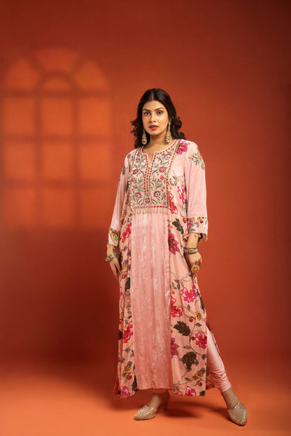 Pink Side Panel Printed Embroidered Long Kurta Dress with Churidar