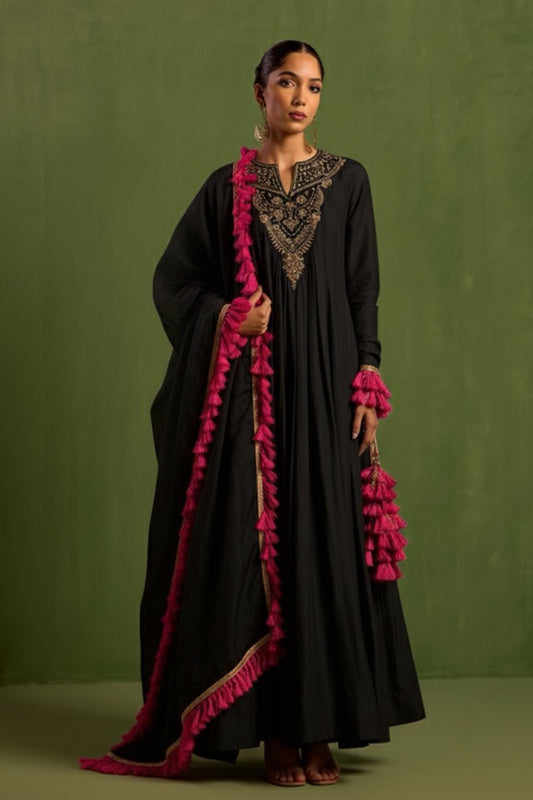 Black Chanderi Silk Hand Embroidered Kurta Set
