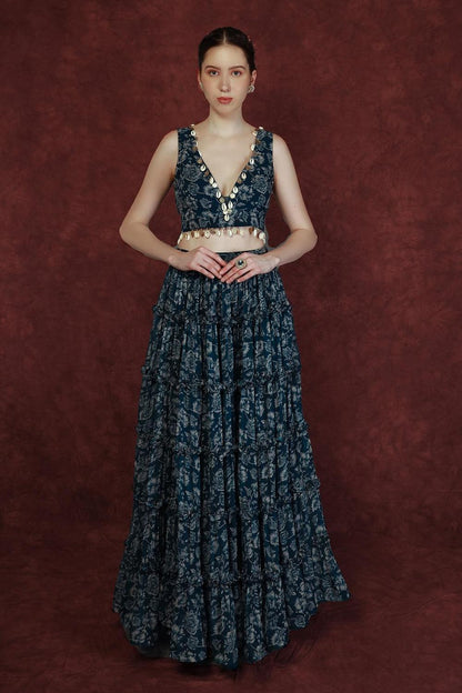 Blue Chinon Floral Print Lehenga Set (RO)