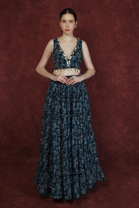 Blue Chinon Floral Print Lehenga Set (RO)