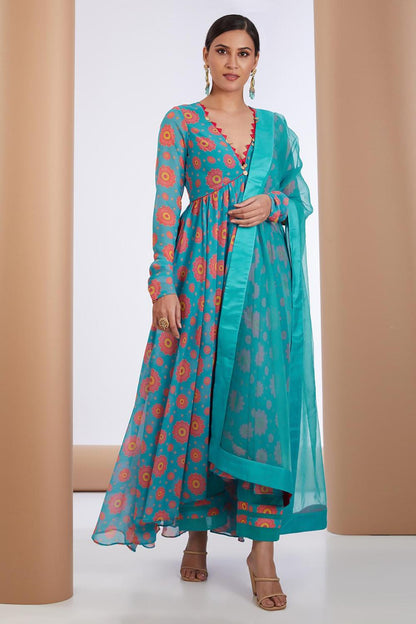 Blue Georgette Floral Print Embellished Anarkali Pant Set