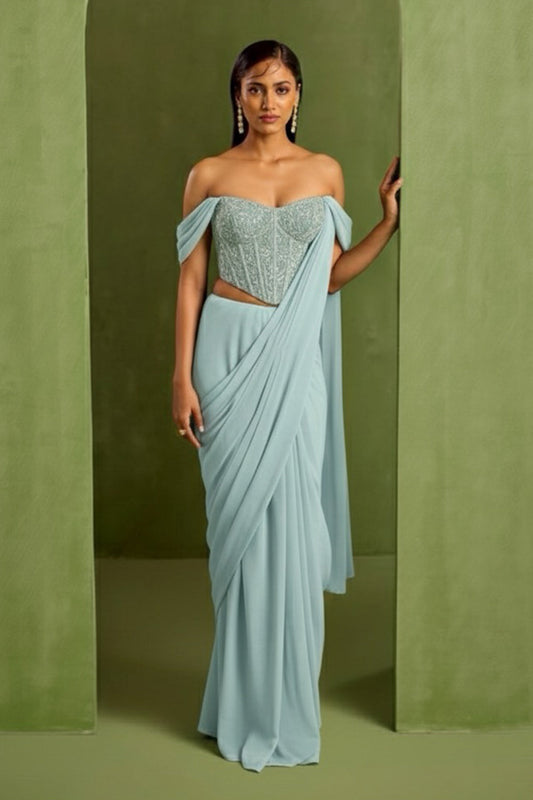Blue Pre Draped Saree Set with corset blouse