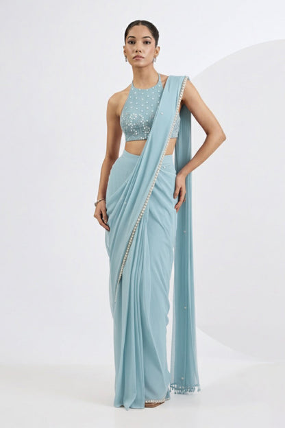 Blue Pre Draped Saree Set