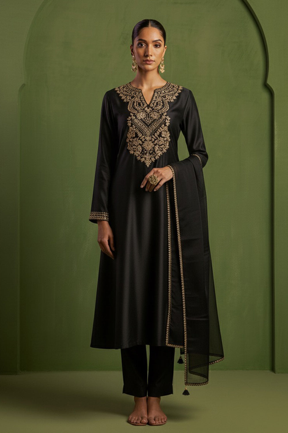 Chanderi Silk Hand Embroidered Kurta Set in  Black