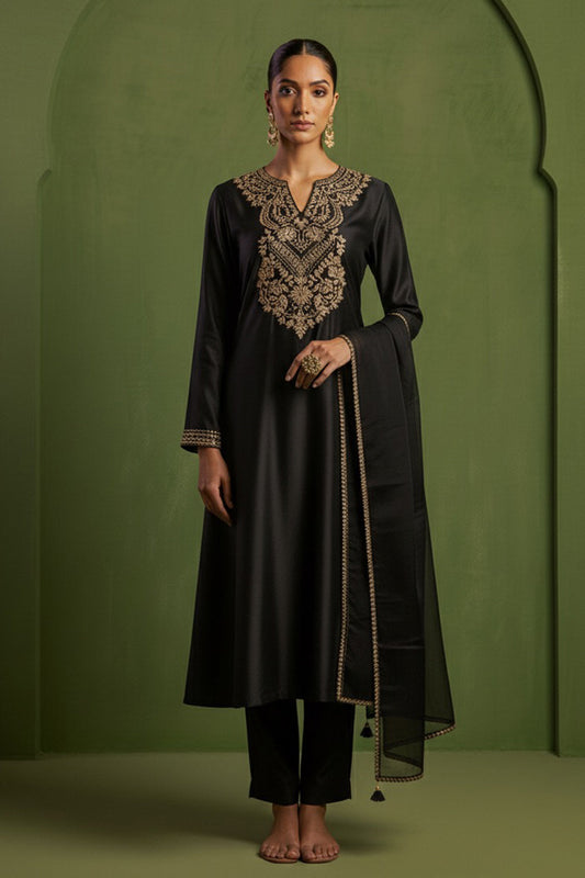 Chanderi Silk Hand Embroidered Kurta Set in  Black