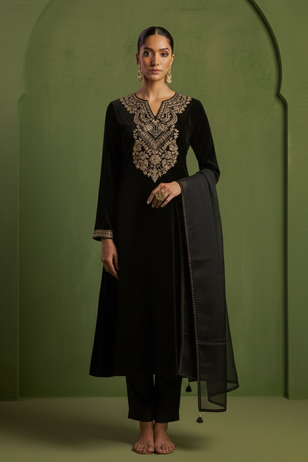 Chanderi Silk Hand Embroidered Kurta Set in  Black