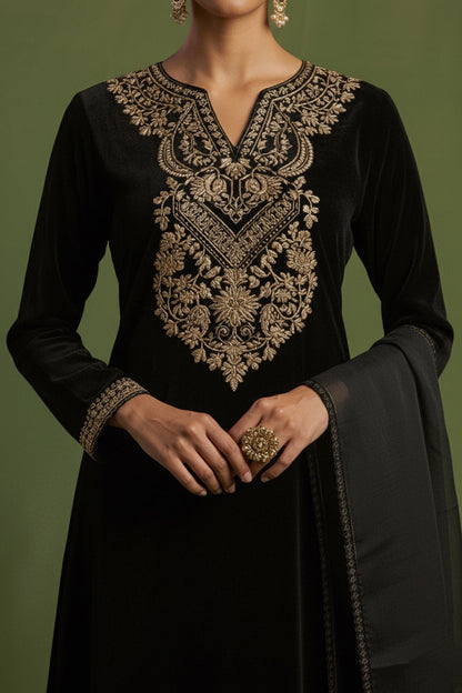 Chanderi Silk Hand Embroidered Kurta Set in  Black