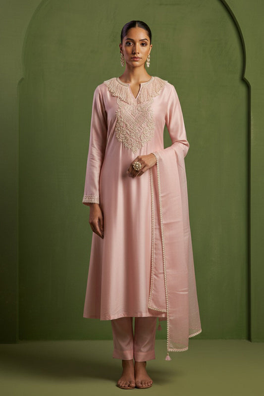 Chanderi Silk Hand Embroidered Kurta Set in Pink