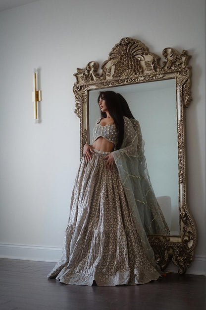 Green Banarasi Chanderi Silk Geometric Pattern Lehenga Set