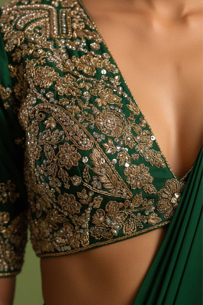 Green Pre Draped Saree Set