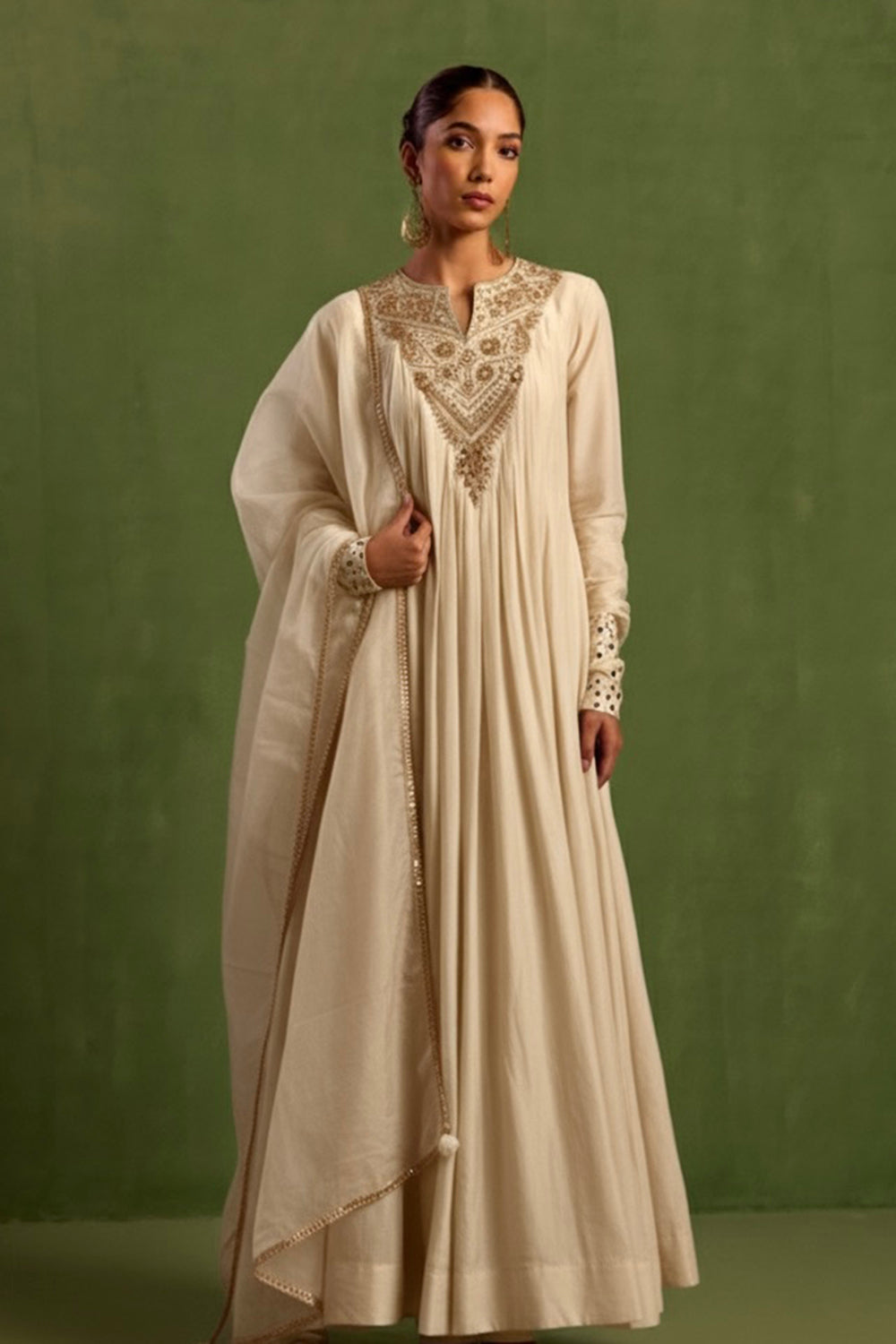 Ivory Chanderi Silk Hand Embroidered Anarkali Kurta Set