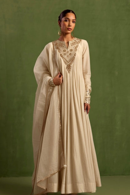 Ivory Chanderi Silk Hand Embroidered Anarkali Kurta Set