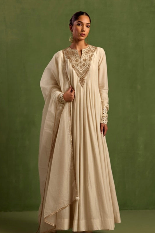 Ivory Chanderi Silk Hand Embroidered Anarkali Kurta Set