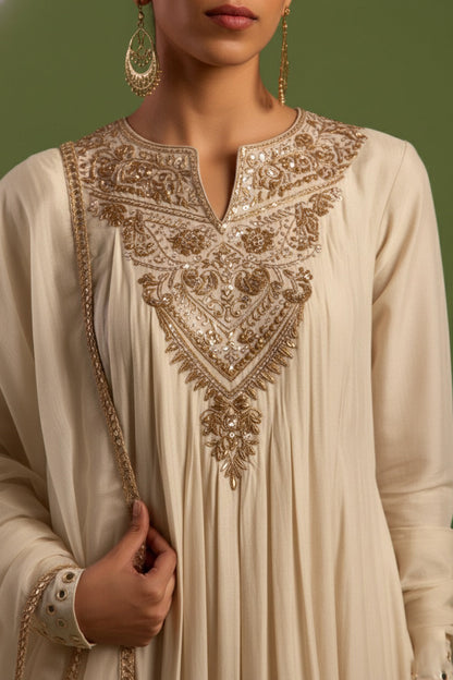 Ivory Chanderi Silk Hand Embroidered Anarkali Kurta Set