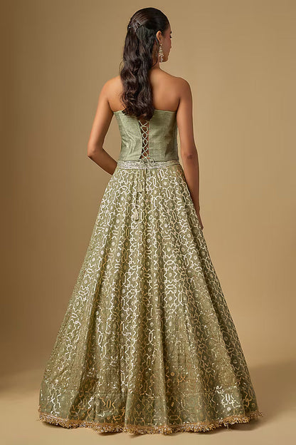 Mint Green Banarasi Chanderi Corset Lehenga Set