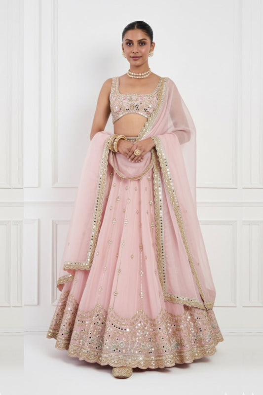 Pink Mirror Hand Embroidered Lehenga Set