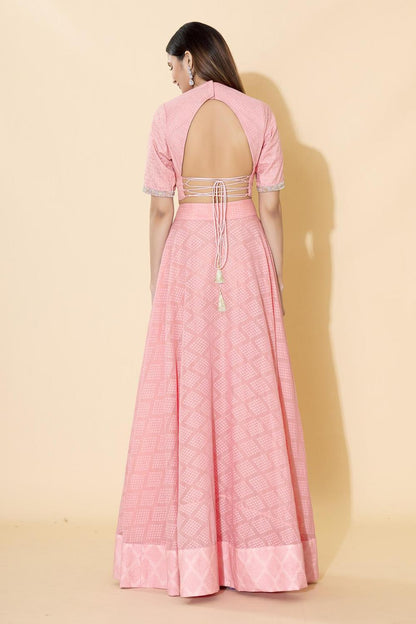 Pink Printed Chanderi Silk Lehenga Set