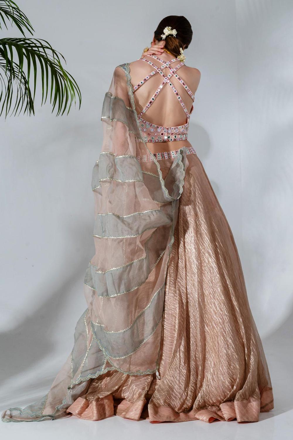 Pink Tissue Silk Mirrorwork Embellished Blouse Lehenga Set