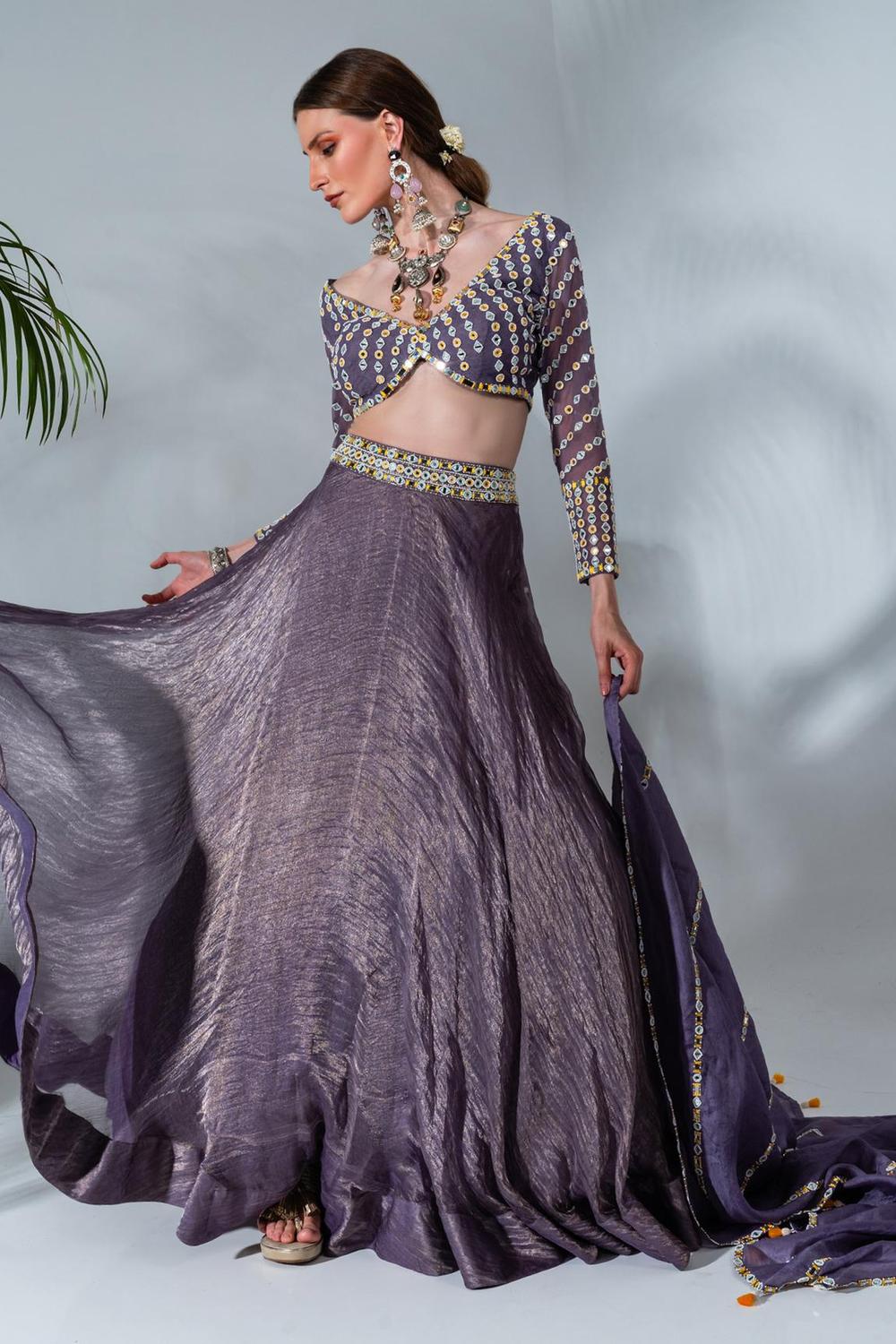 Purple Tissue Silk Mirrorwork Blouse Lehenga Set