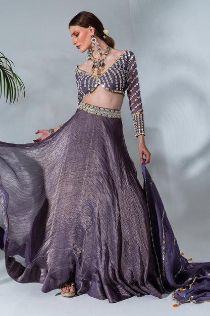 Purple Tissue Silk Mirrorwork Blouse Lehenga Set