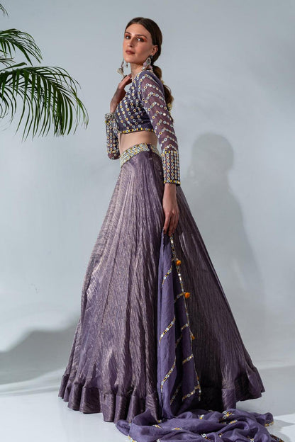 Purple Tissue Silk Mirrorwork Blouse Lehenga Set