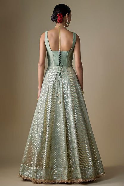 Sea Green Banarasi Chanderi Embroidered Lehenga Set