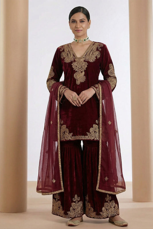 Wine Sharara Set with Organza Dupatta