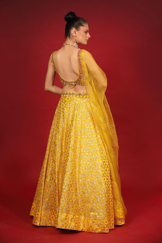 Yellow Banarasi Chanderi Lehenga Set