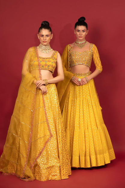 Yellow Banarasi Chanderi Tiered Lehenga Set