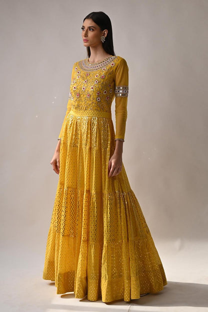 Yellow Chanderi Silk Anarkali With Dupatta